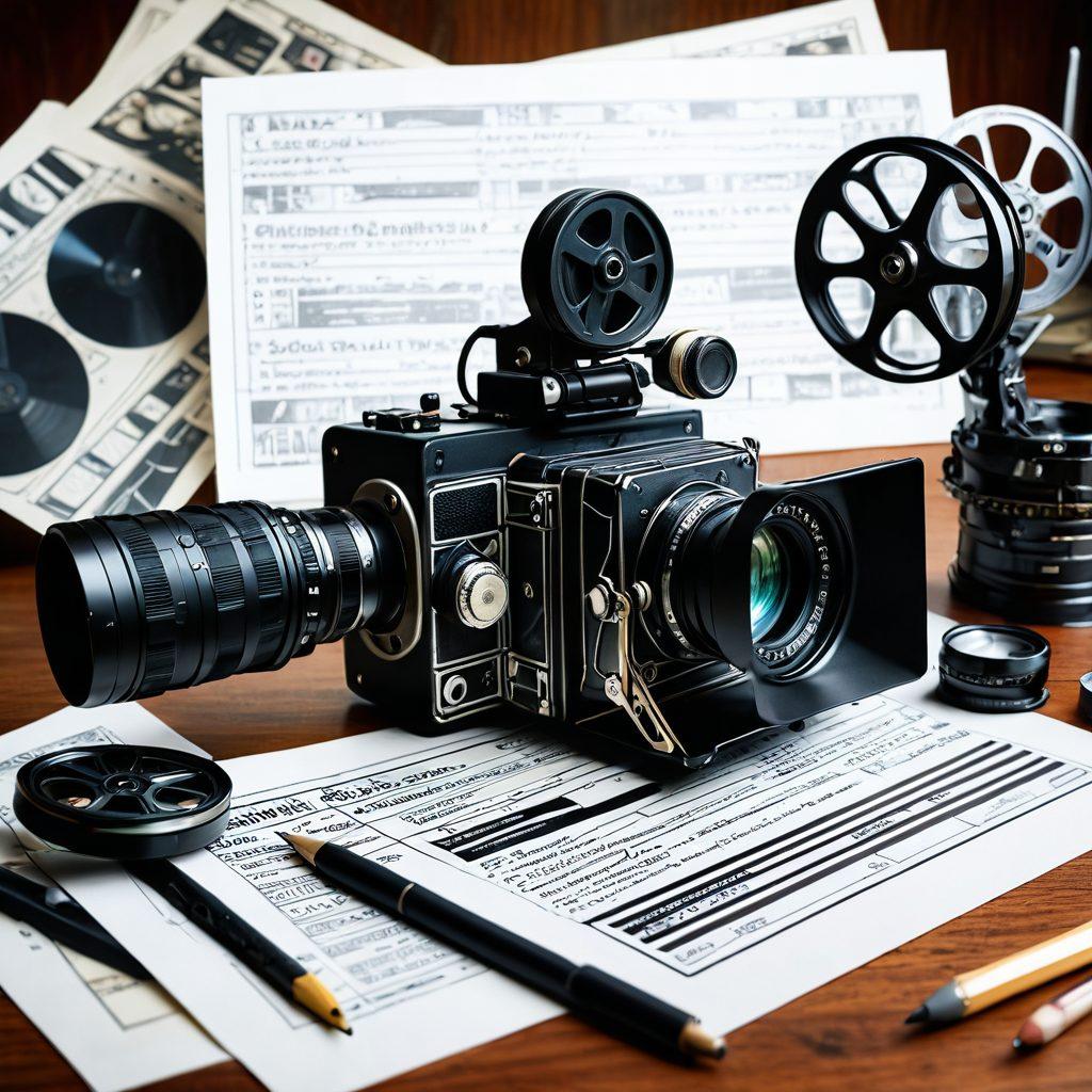 A visually rich blend of a storyboard sketch transitioning into a film script with a pencil and film reel in the foreground. The background is filled with iconic cinematic elements like a camera, clapperboard, and film strips, evoking a sense of creativity and artistry. The color palette is vibrant and dynamic, suggesting the excitement of filmmaking. Include symbols of collaboration, like hands exchanging ideas. super-realistic. vibrant colors. cinematic style.