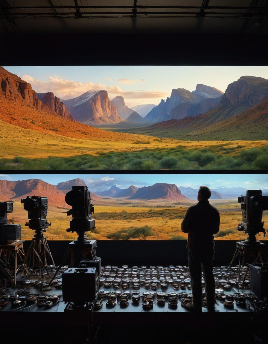 A stunning film set showcasing a cinematographer in action, surrounded by vintage cameras, sprawling film reels, and crew members adjusting lights. The background features a breathtaking landscape scene being captured on screen, symbolizing visual storytelling. Include rich colors and dynamic lighting to evoke the joy of creativity in filmmaking. super-realistic. vibrant colors. filmic style.