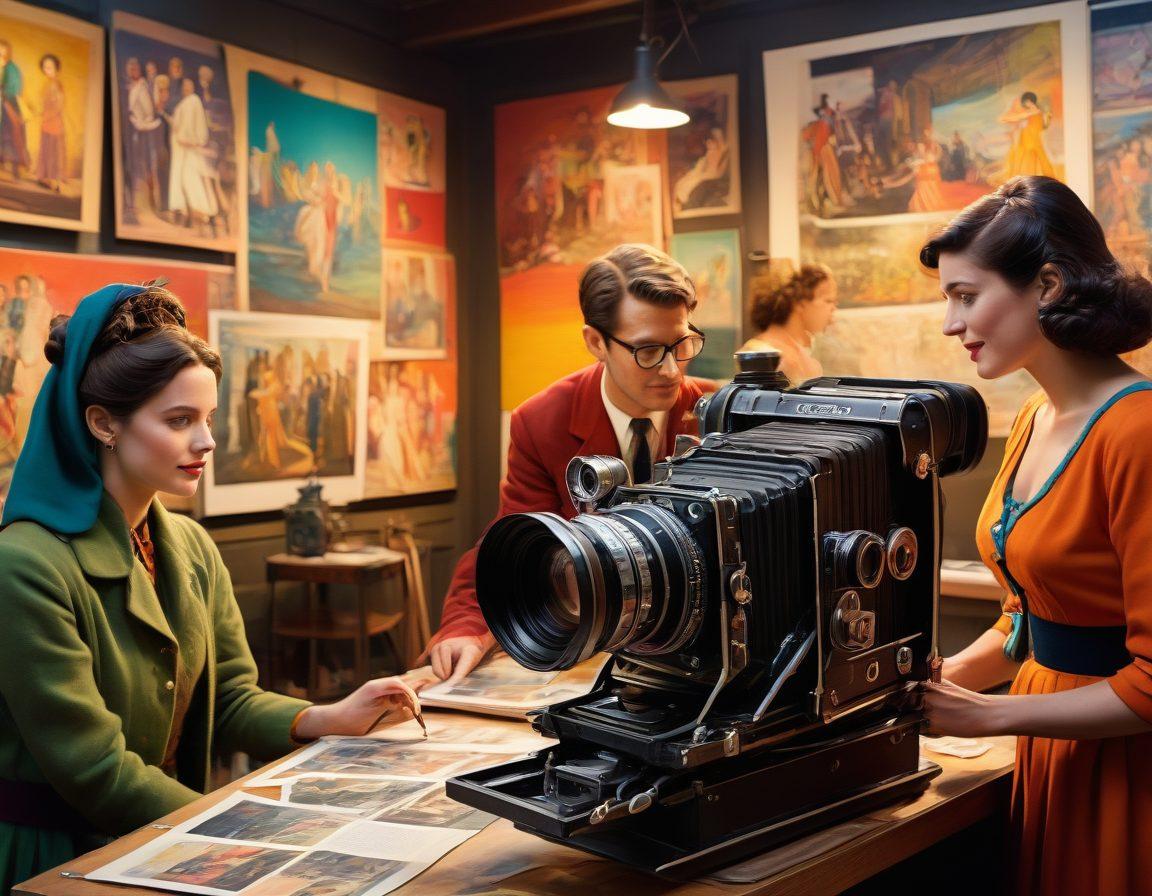 An artistic representation of a film set bustling with creativity, featuring a diverse group of filmmakers collaborating on a movie scene. Include a vintage film camera capturing the magic, colorful storyboards in the background, and characters in costumes discussing their roles. Illuminate the scene with warm, inviting light to evoke a sense of joy and teamwork. The overall atmosphere should capture the essence of creativity and visual storytelling. vibrant colors. painting.